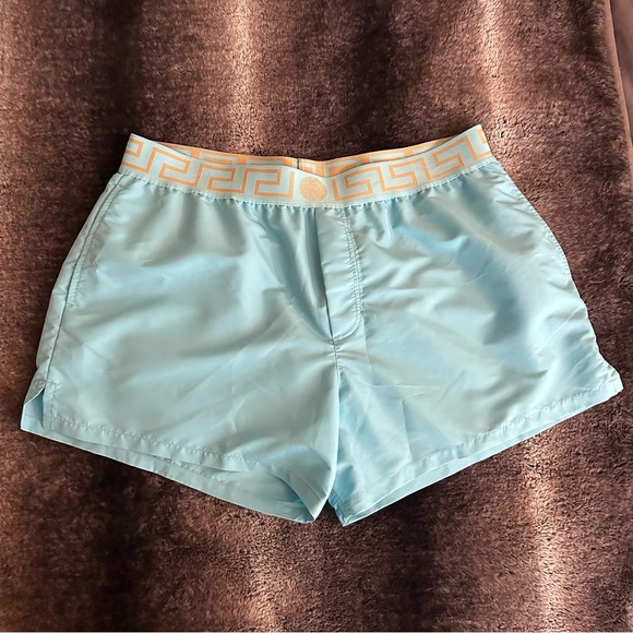 Versace Greca Swim Trunks in Light Blue/Gold - Picture 2 of 8